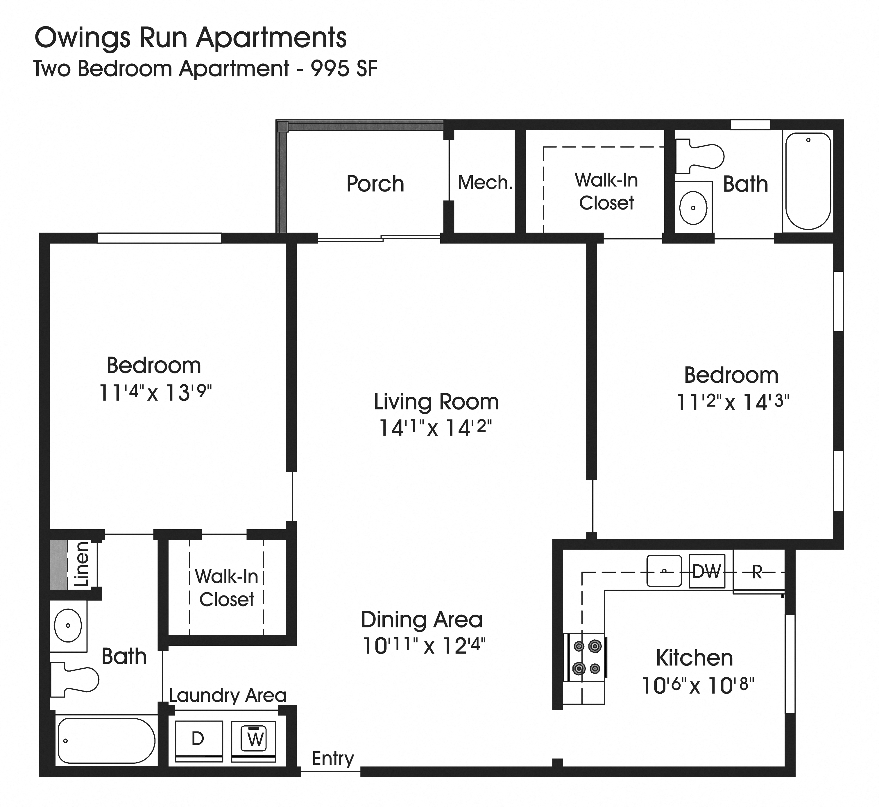 Floor plan for 2 beds, 2 baths, 995 sqft
